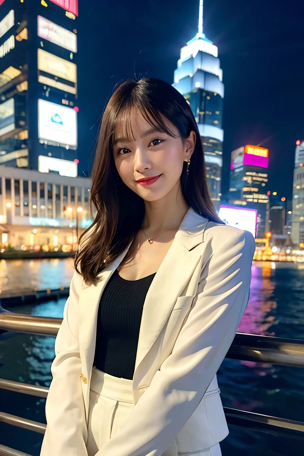 raw photo),(best quality), (photorealistic),(simple white background:1.2), ,,a girl, upper body, high detail face, smile, High-waisted pants paired with a silk blouse and structured blazer, create a polished and powerful look, a scene of Victoria Harbour in Hong Kong at night,sparkling reflections dancing on the water,glittering skyscrapers along both sides of the harbor,twinkling lights dotting the city skyline,colorful laser beams shooting across the sky,(best quality,4k,8k,highres,masterpiece:1.2),ultra-detailed,realistic:1.37) soft shadows and highlights,impressive depth of field and sharp focus,HDR,UHD,studio lighting,physically-based rendering,vivid colors,lively atmosphere,bokeh information
