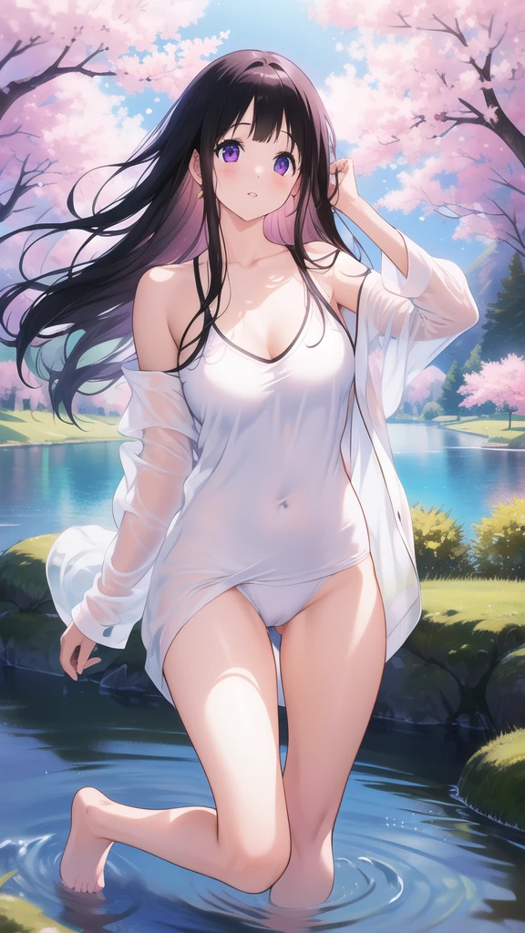 Stunning Chitanda, There is only one beautiful girl,purple eyes, black hair, Naturally straight hair, straight bangs,extremely refined,lips open,flowing long hair,Peerless beautiful girl, dreamlike,Slim,soft, (Sensual), (kawaii), Dream quality,White loose pajamas,no underwear,Playing in the lake,Cherry tree,big breasts,bare shoulders,Clavicle exposed,bare neck,Bare thighs,Exposing the groin,camel toe,bare legs,barefoot,extremely shy,ultra high resolution, (masterpiece:1.2, best quality), (Exquisite and beautiful eyes: 1.2), (Beautiful and delicate face)