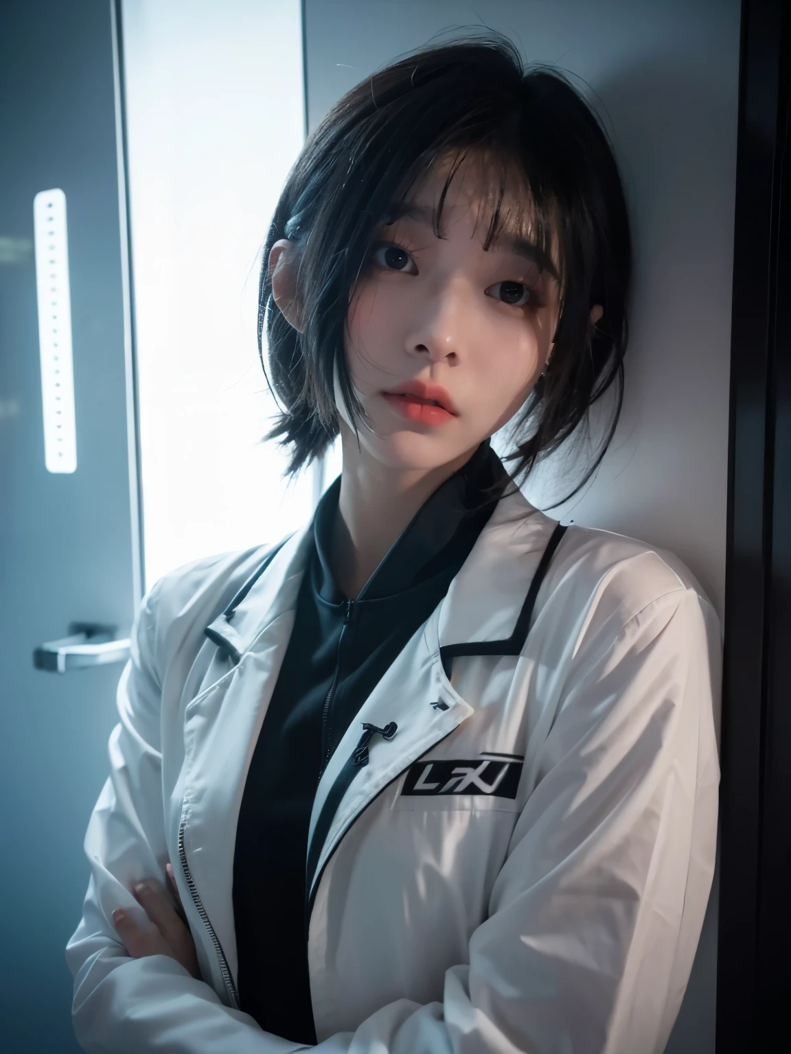 portrait, tech noir, calm cyberpunk style, A girl plotting a plan in a cyber room, Tattoo on hand, white shirt, black suit, masterpiece, best quality, RAW photo, felix englund style, SIGMA 50mm F1.4, leica_style, candytt, Ultra-detailed face