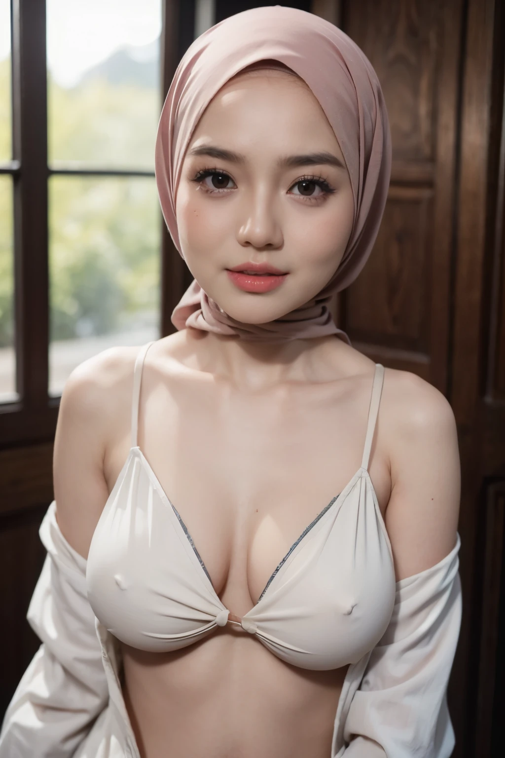 SUSPENDER, (((HIJAB MALAY GIRL))), masutepiece, High quality, UHD 32K, Realistic face, Realistic skin feeling , A Japanese Lady, 8 , , Very cute and baby-like face, (((FLAT CHEST))), (MATRIX WORLD), ((look In front at the camera and SADNESS)), (((CUTE GIRL))), ((RED LIPS)), ((CHUBBY)), (undress, (heavy breasts), (heavy boobs)