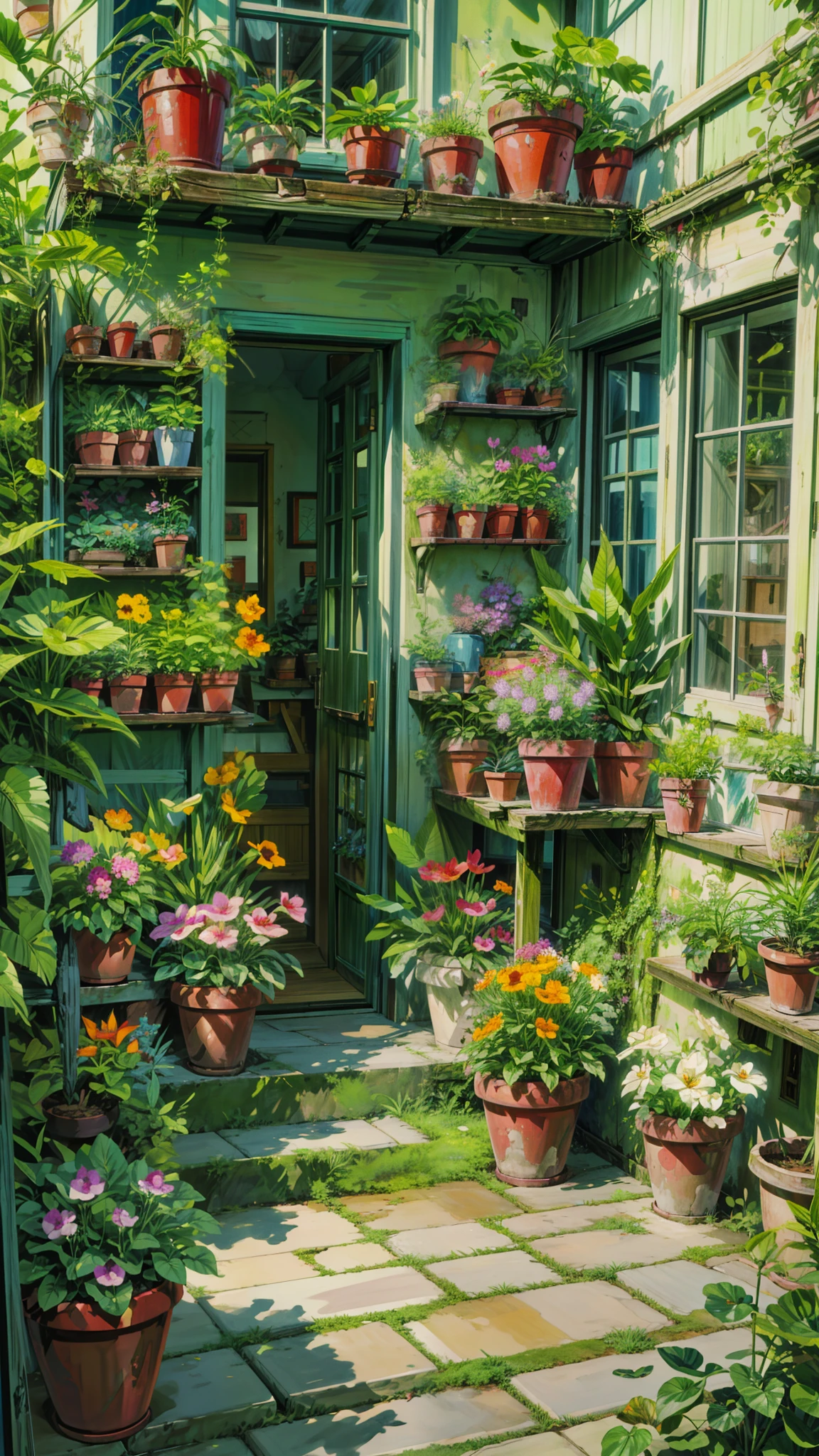 a bunch of potted plants sitting on the side of a building, overgrowth. by makoto shinkai, studio ghibli environment, ( ( fantasy plants ) ), by Edward Okuń, makoto shinkai. high detail, intricate detailed environment, greenhouse, flower shop scene, by makoto shinkai, by Makoto Shinkai, intricate environments, anime painting , 4k hd,, beautiful art uhd 4 k, a beautiful artwork illustration, beautiful digital painting, highly detailed digital painting, beautiful digital artwork, detailed painting 4 k, very detailed digital painting, rich picturesque colors, gorgeous digital painting