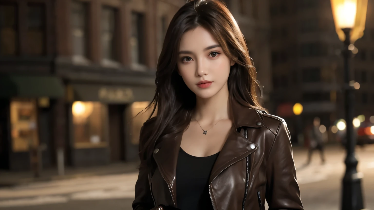 table top, highest quality, realistic, Super detailed, finely, High resolution, 8k wallpaper, 1 beautiful woman,, light brown messy hair, in a black leather jacket,Holding a sword in his hand,sharp focus, perfect dynamic composition, detailed and beautiful eyes, fine hair, Detailed and realistic skin texture, smile, model body shape,standing on the street,Background Fire Dragon