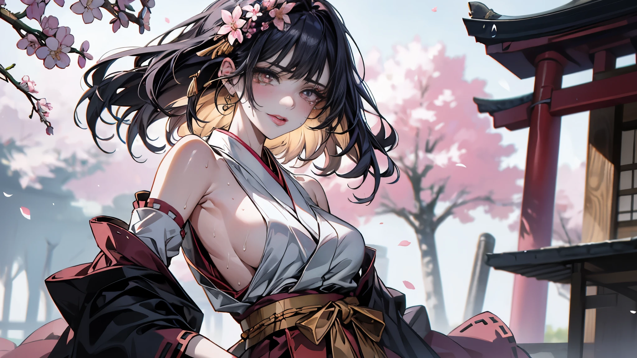 (Best quality, 8K, Masterpiece:1.3, 1 girl, solo, Beautiful girl), cute, Dynamism, Detailed face, Detailed skin, detailed clothes, Detailed eyes, Detailed lips, Detailed tongue, Detailed fingers, Detailed mouth, Photorealistic, Raw photo, highres, hight resolution, Natural lighting, dynamic pose, perfect anatomy, toned legs, double eyelids, tear bags, round eyes, moist lips, sweaty, ecstatic face, (miko costumes, japanese clothes, kimono, golden hakama), brown long hair, straight hair, blunt bangs, detached sleeves, wide sleeves, bare shoulders, sideboob:1.2, cherry blossom, Shinto shrine, outdoor, blush, cowboy shot, looking at viewer, grabbing crotch herself, tears, sad smile, masturbation, snfw