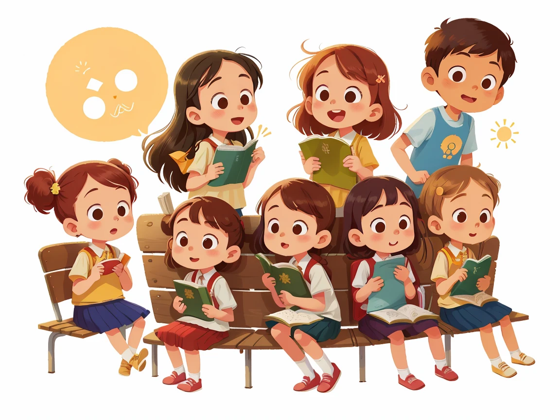 illustration, masterpiece, best quality, School teacher with several students (girls and boys)
sitting side by side, Sitting side by side on the bench,
Behind them some students are standing and waving,They wave at us, in , from opposite, Happy, full body, in the style of childreb book charecter, charecter sheet, white background, adjective + object, character sheet, children book character, white background, white background, looking at viewer,