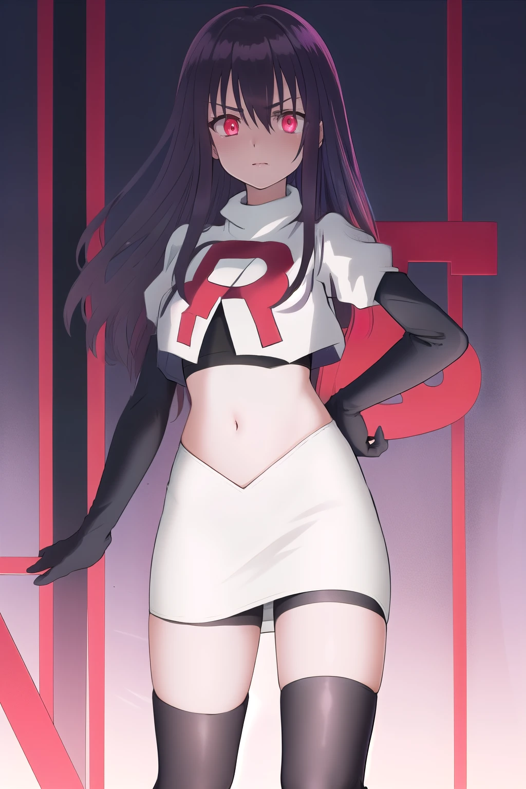 masterpiece, best quality, demon_kisara, glowing eyes, team rocket,team rocket uniform,white skirt,red letter R,crop top,black thigh-highs,black elbow gloves
