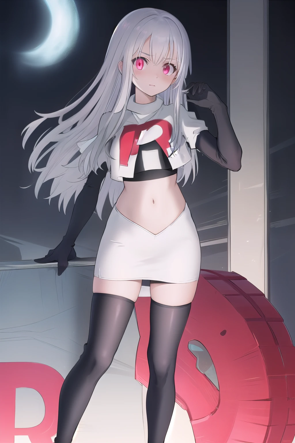 masterpiece, best quality, demon_kisara, glowing eyes, team rocket,team rocket uniform,white skirt,red letter R,crop top,black thigh-highs,black elbow gloves
