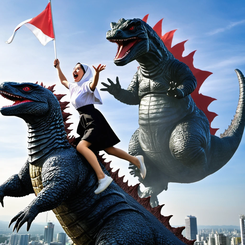 A young woman, catholic nun, is riding on Godzilla's head. she is cheering Godzilla on as he battles an alien robot outside of tokyo