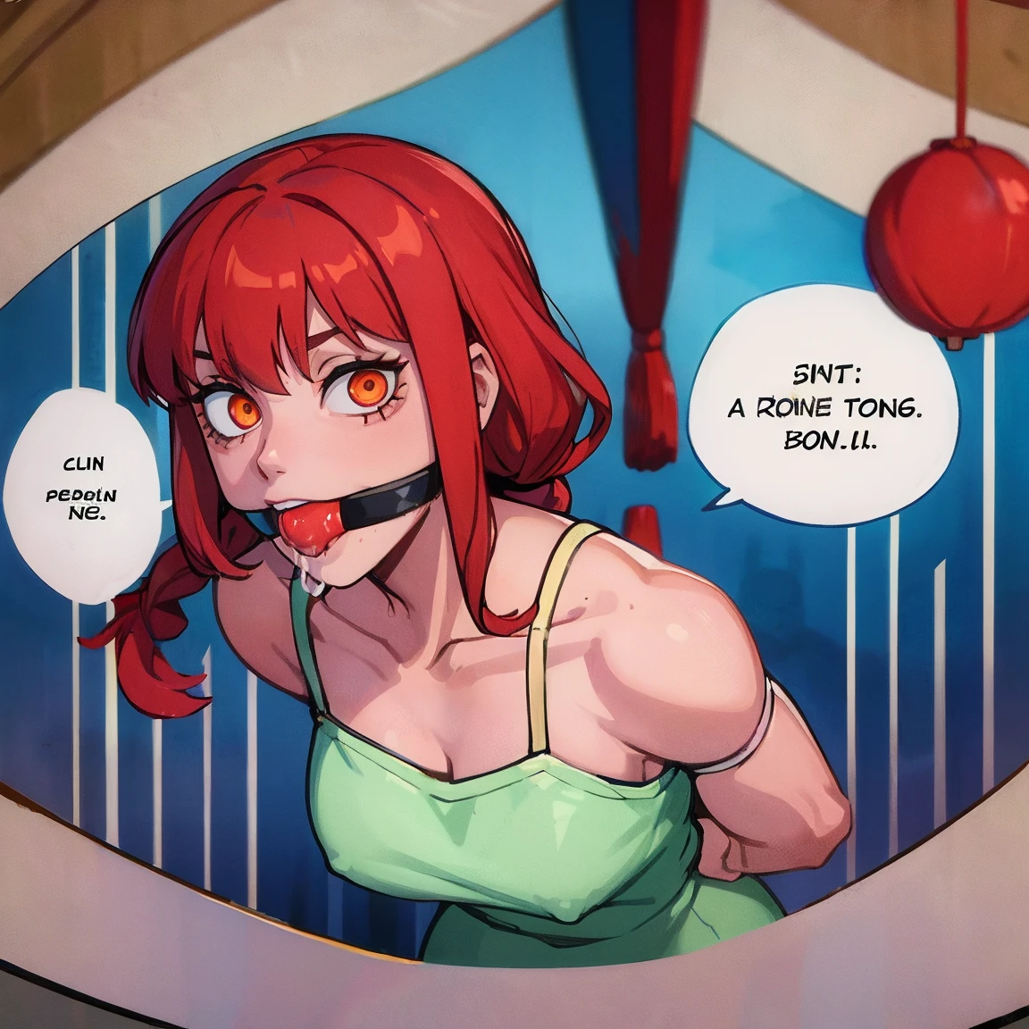 makima CSM, eye_focus, de la cintura hacia arriba, red gag, gag de correas, viendo hacia el espectador, babear, babeando, saliva en la gag, basement, sonrojada, labios pintados de color rojo, globos de texto,  (( Speech bubble + burbuja de texto )), recuadros de texto, mitas de el cuerpo