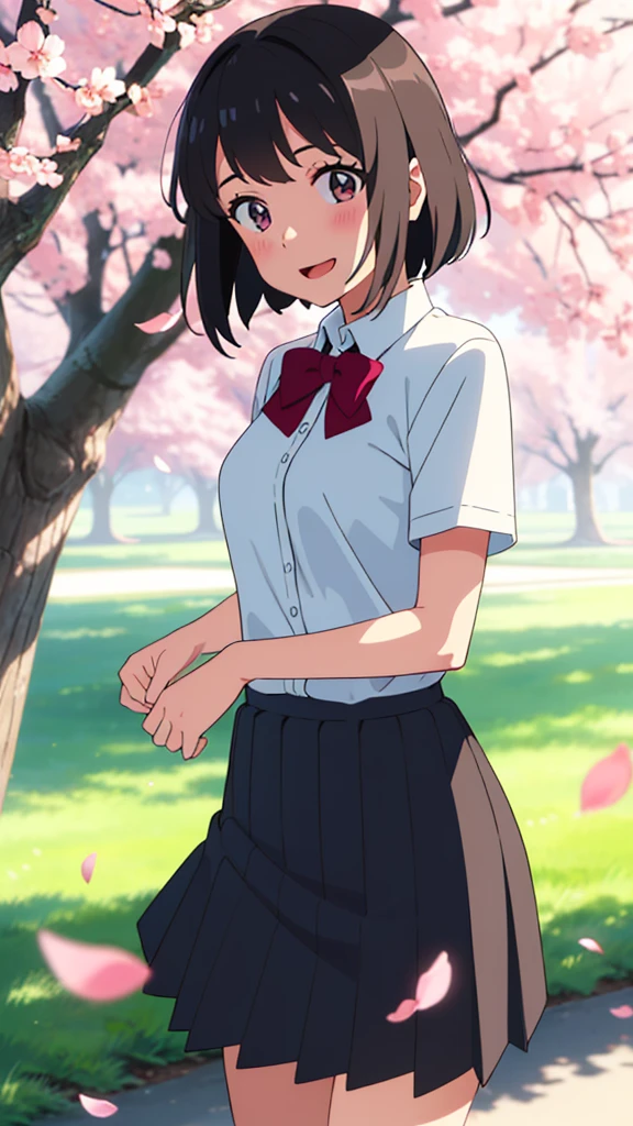 shinkai makoto, kimi no na wa., 1 girl, bangs, black hair, ((girl wear white dress, short dress, pleated skirt, red headband), blush, bright eyes, brown eyes, red ribbon, short hair, smile, cute, beautiful, open mouth, love, adorable, couple, dating, shiny skin, looking at the viewer, short sleeves, cherry_blossoms, falling_petals, petals, branch, pink_flower, sky, sunlight, spring_season, wind, tree