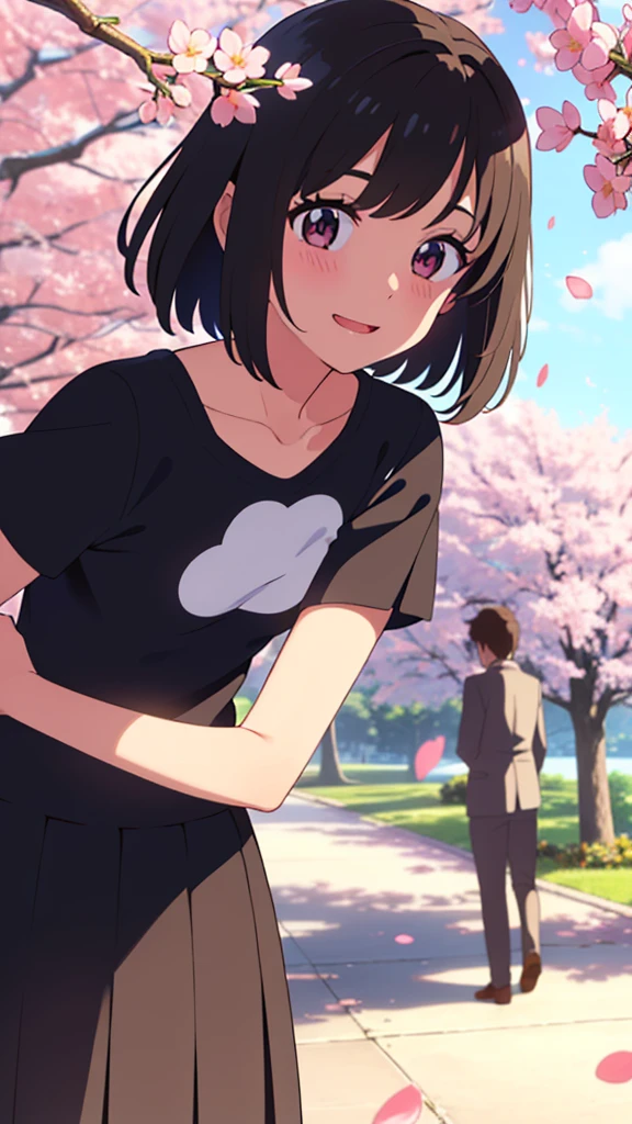 shinkai makoto, kimi no na wa., 1 girl, bangs, black hair, ((girl wear white dress, short dress, pleated skirt, red headband), blush, bright eyes, brown eyes, red ribbon, short hair, smile, cute, beautiful, open mouth, love, adorable, couple, dating, shiny skin, looking at the viewer, short sleeves, cherry_blossoms, falling_petals, petals, branch, pink_flower, sky, sunlight, spring_season, wind, tree