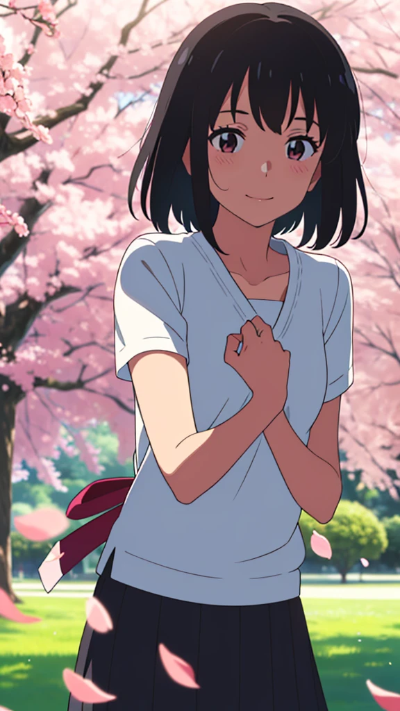 shinkai makoto, kimi no na wa., 1 girl, bangs, black hair, ((girl wear white dress, short dress, pleated skirt, red headband), blush, bright eyes, brown eyes, red ribbon, short hair, smile, cute, beautiful, open mouth, love, adorable, couple, dating, shiny skin, looking at the viewer, short sleeves, cherry_blossoms, falling_petals, petals, branch, pink_flower, sky, sunlight, spring_season, wind, tree
