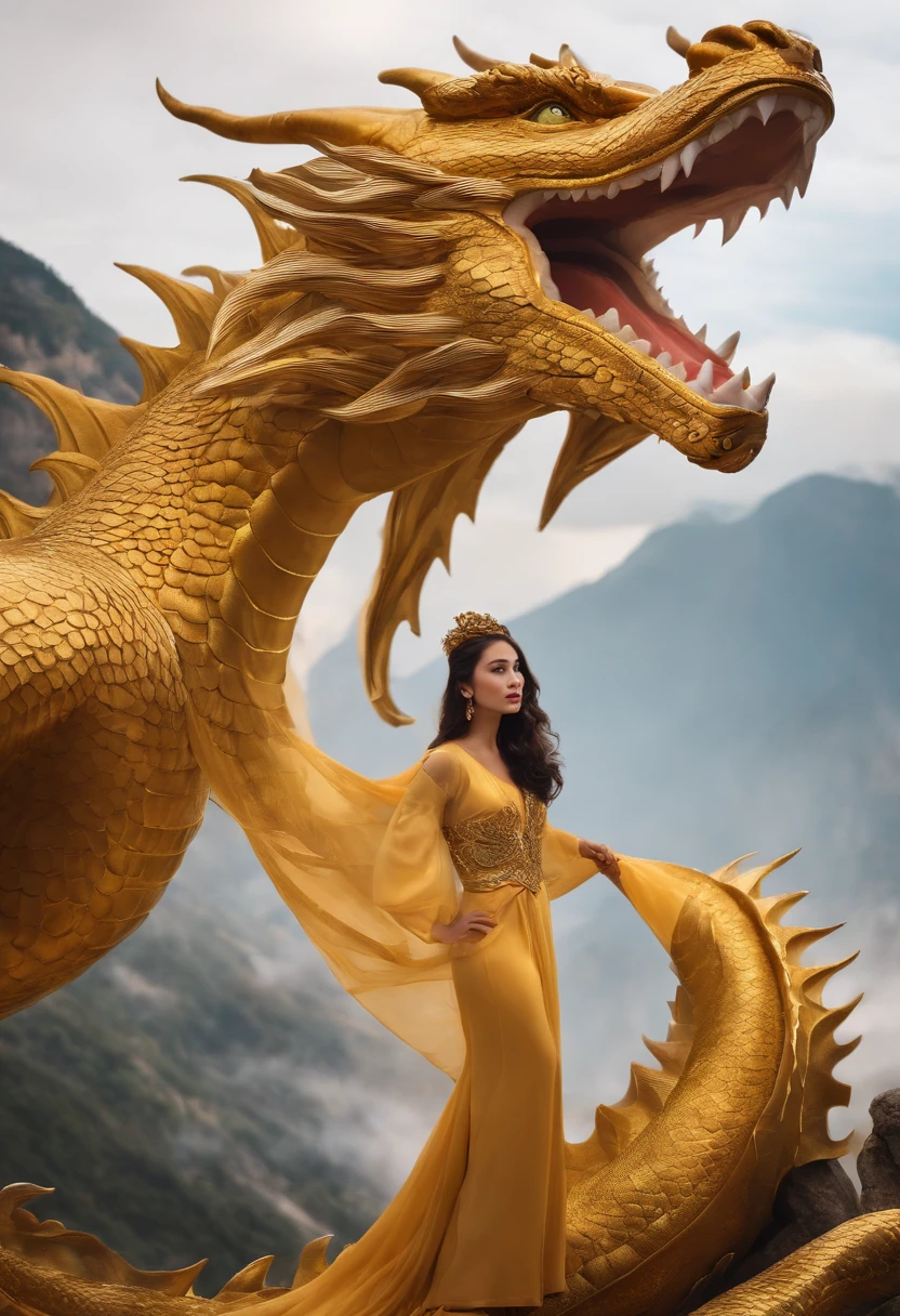 Long-haired woman wearing an iron-clad dress(gold color) riding a red dragon in the sky below are clouds(Indigo) Behind there is sunlight.