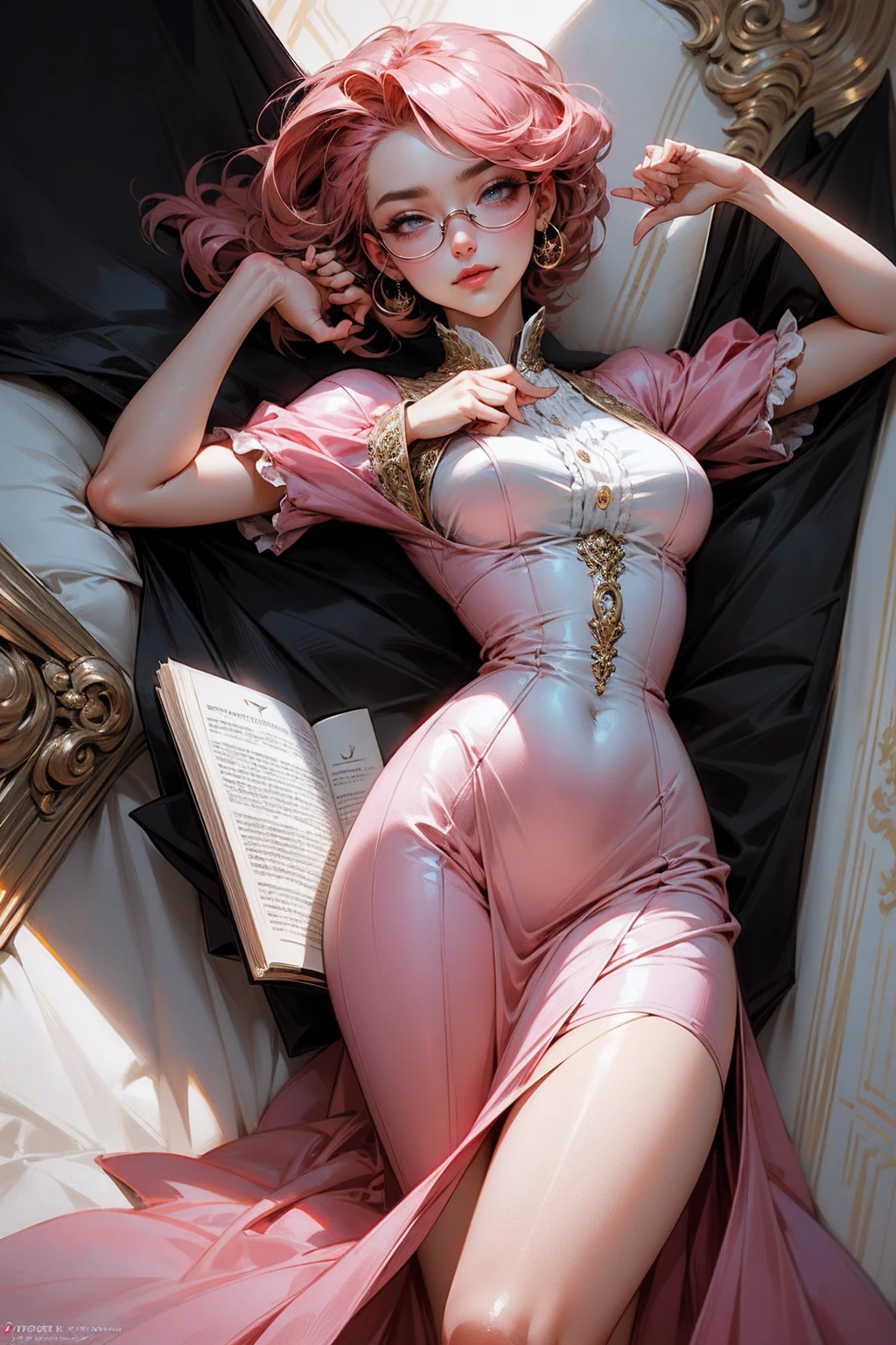 Anime girl tuxedo with curly rose gold hair and round gold glasses, rose gold eyes. Guviz style art, attractive detailed art style, Charlie Bowater Style, 1 7 - year - old cute anime girl, detailed manga style, detailed anime character art, germ of art. High detail, stunning manga art style. Rose dress. (pink dress) . Wearing rose gold Victorian clothing. Dancing, walking, drinking, reading, writing, lying, standing, on your back, dynamic poses, smile, closed mouth. Different Pose.