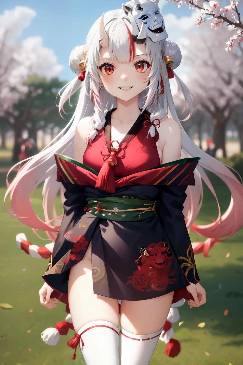 masterpiece, best quality, absurdres, perfect anatomy, 1girl, solo, Nakiri Ayame, long hair, double bun, AyameBase, black kimono, hair bell, obi, white thighhighs, bare shoulders, long sleeves, oni mask, mask on head, outdoors, standing, sakura tree, arms behind back, smile