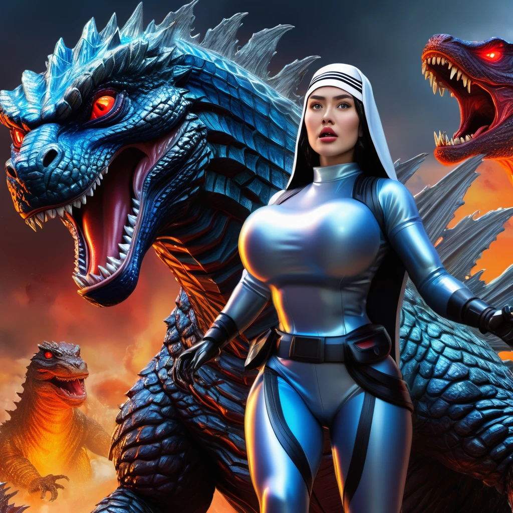 (ultra-detailed, highres, realistic:1.37), a young woman, Catholic nun, riding on Godzilla's head, cheering Godzilla as he battles an alien robot, outside of Tokyo, in a vividly colored scene. The woman has beautiful detailed eyes and lips, wearing a traditional nun's habit with delicate folds and textures. Her face is filled with excitement and admiration as she interacts with Godzilla. 

Godzilla is depicted with extreme detail, showing his scales, sharp teeth, and expressive eyes. He is in the midst of an intense battle, with his powerful muscles and fiery breath. The alien robot is towering and menacing, with intricate metallic parts and glowing energy cores. The scene is illuminated by studio lighting, emphasizing the scale and intensity of the conflict. 

The artwork is created using a combination of digital painting and 3D rendering techniques, resulting in a visually striking combination of realism and artistic style. The overall color palette is vibrant and dynamic, with rich hues of blues, reds, and oranges. The lighting effects create dramatic shadows and highlights, adding depth and dimension to the scene.