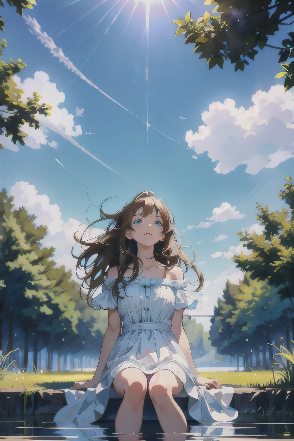 photorealistic aesthetic scenery, sharp 8k resolution quality, beautiful girl, looking up to the sky with long brown hair, light blue eyes, wearing a white dress, sitting, trees, no humans, clear blue sky, cloud, outdoors, reflection, building, water, daylight, summer, shadow, scenery, 8k wallpaper, detailed face depiction, masterpiece, Cinematic Lighting, best quality, Illustration