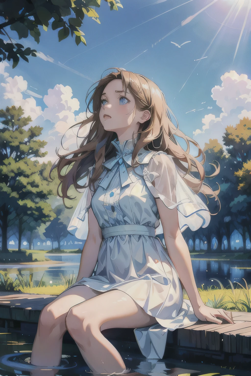 photorealistic aesthetic scenery, sharp 8k resolution quality, beautiful girl, looking up to the sky with long brown hair, light blue eyes, wearing a white dress, sitting, trees, no humans, clear blue sky, cloud, outdoors, reflection, building, water, daylight, summer, shadow, scenery, 8k wallpaper, detailed face depiction, masterpiece, Cinematic Lighting, best quality, Illustration