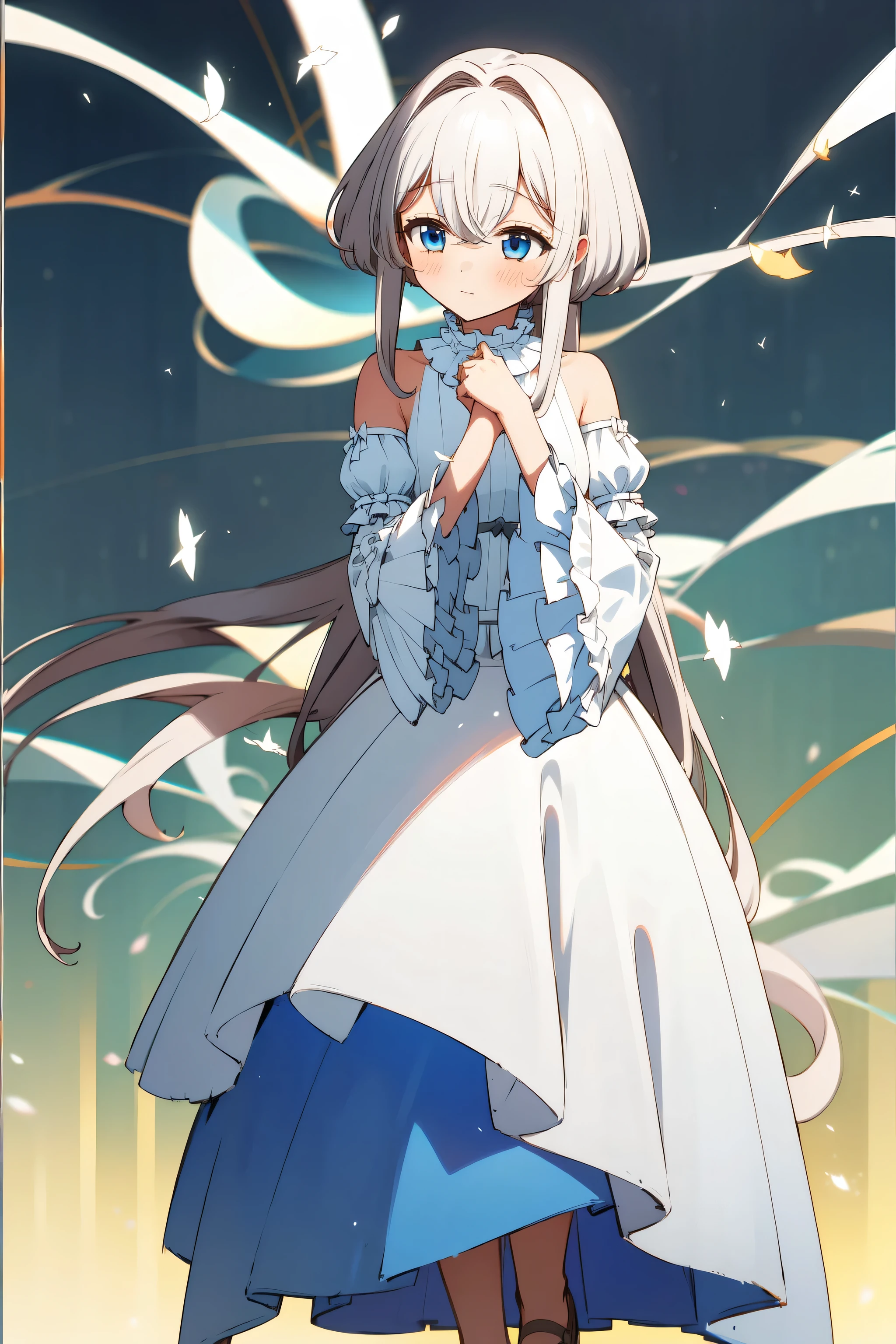 (((masterpiece))), ((best quality)), hyper quality, refined rendering, extremely detailed CG unity 8k wallpaper, highly detailed, Towa_Tenshi_FDDBB, 1girl, solo, long hair, white hair, hair between eyes, sidelocks, hair intakes, bangs, blue eyes, wihte dress, long dress, brooch, frills, bare shoulders, sleeveless, detached sleeves, sleeveless, frilled sleeves, wide sleeves, leg