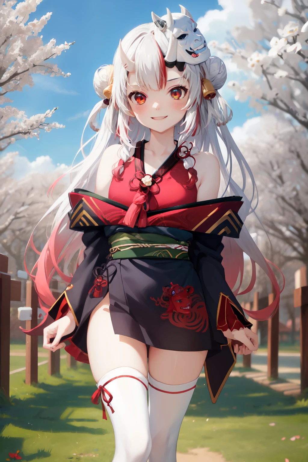 masterpiece, best quality, absurdres, perfect anatomy, 1girl, solo, Nakiri Ayame, long hair, double bun, AyameBase, black kimono, hair bell, obi, white thighhighs, bare shoulders, long sleeves, oni mask, mask on head, outdoors, standing, sakura tree, arms behind back, smile