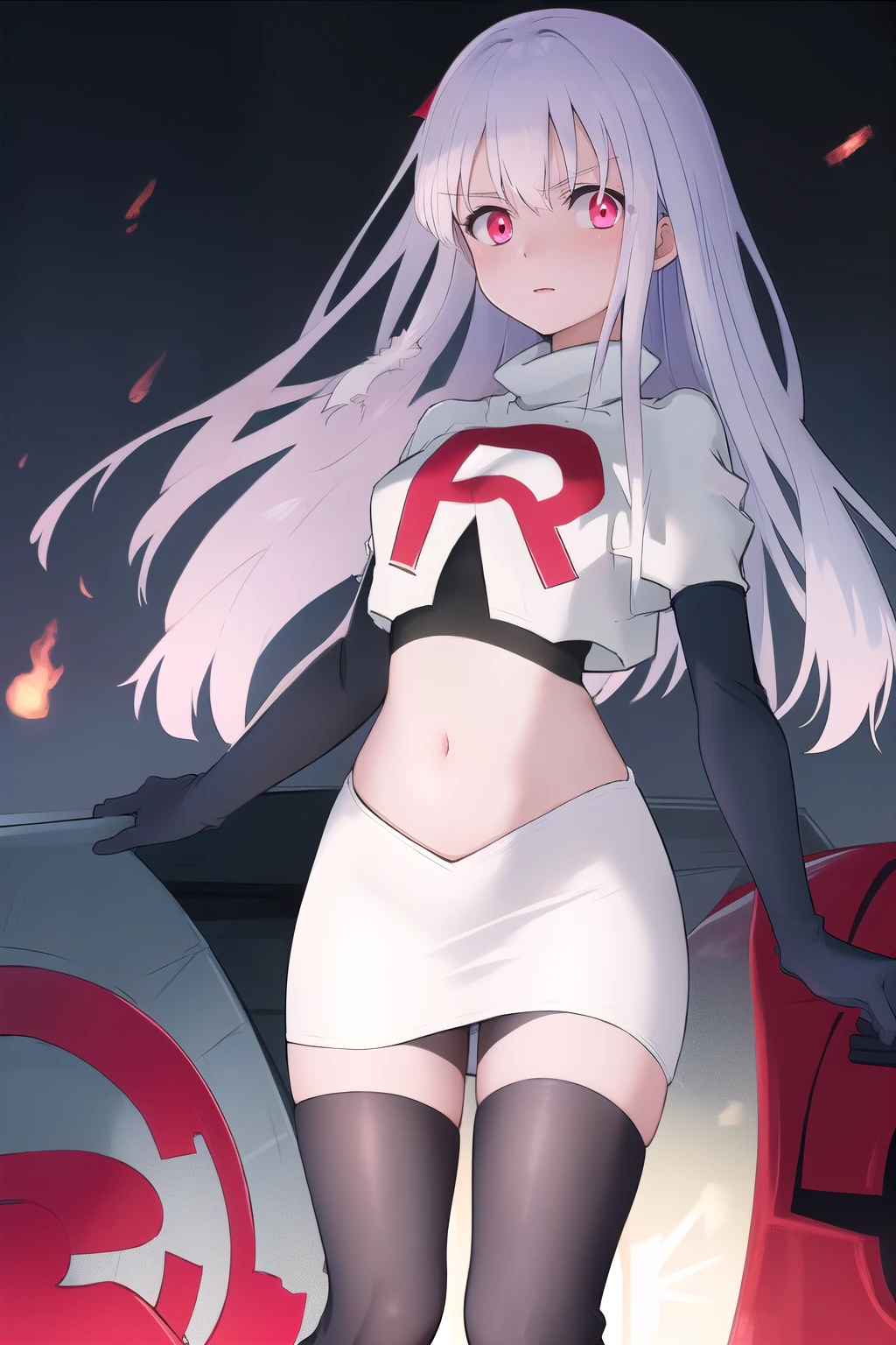 masterpiece, best quality, demon_kisara, glowing eyes, team rocket,team rocket uniform,white skirt,red letter R,crop top,black thigh-highs,black elbow gloves
