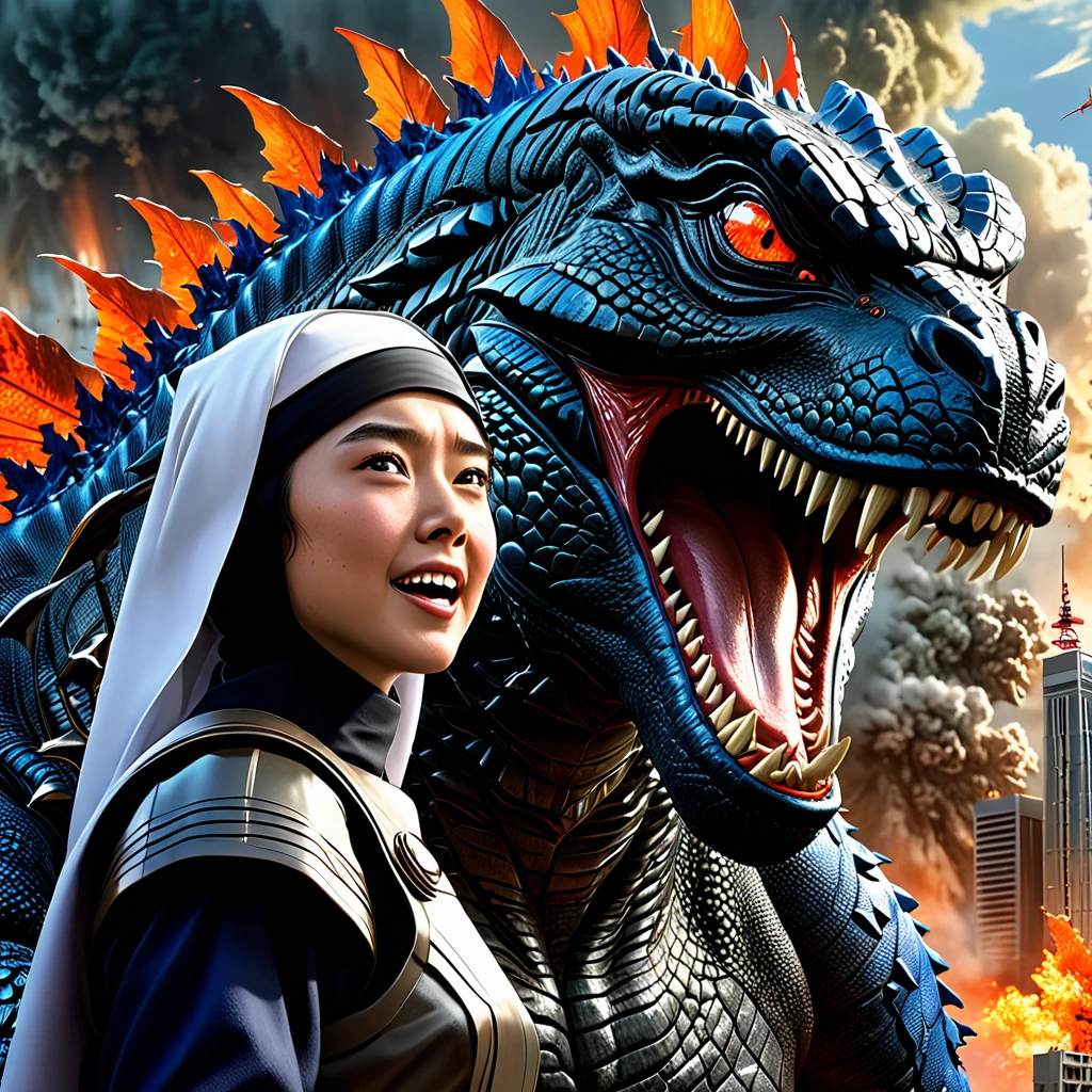 (ultra-detailed, highres, realistic:1.37), a young woman, Catholic nun, riding on Godzilla's head, cheering Godzilla as he battles an alien robot, outside of Tokyo, in a vividly colored scene. The woman has beautiful detailed eyes and lips, wearing a traditional nun's habit with delicate folds and textures. Her face is filled with excitement and admiration as she interacts with Godzilla. Godzilla is depicted with extreme detail, showing his scales, sharp teeth, and expressive eyes. He is in the midst of an intense battle, with his powerful muscles and fiery breath. The alien robot is towering and menacing, with intricate metallic parts and glowing energy cores. The scene is illuminated by studio lighting, emphasizing the scale and intensity of the conflict. The artwork is created using a combination of digital painting and 3D rendering techniques, resulting in a visually striking combination of realism and artistic style. The overall color palette is vibrant and dynamic, with rich hues of blues, reds, and oranges. The lighting effects create dramatic shadows and highlights, adding depth and dimension to the scene.