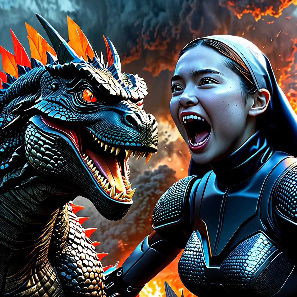 (ultra-detailed, highres, realistic:1.37), a young woman, Catholic nun, riding on Godzilla's head, cheering Godzilla as he battles an alien robot, outside of Tokyo, in a vividly colored scene. The woman has beautiful detailed eyes and lips, wearing a traditional nun's habit with delicate folds and textures. Her face is filled with excitement and admiration as she interacts with Godzilla. Godzilla is depicted with extreme detail, showing his scales, sharp teeth, and expressive eyes. He is in the midst of an intense battle, with his powerful muscles and fiery breath. The alien robot is towering and menacing, with intricate metallic parts and glowing energy cores. The scene is illuminated by studio lighting, emphasizing the scale and intensity of the conflict. The artwork is created using a combination of digital painting and 3D rendering techniques, resulting in a visually striking combination of realism and artistic style. The overall color palette is vibrant and dynamic, with rich hues of blues, reds, and oranges. The lighting effects create dramatic shadows and highlights, adding depth and dimension to the scene.