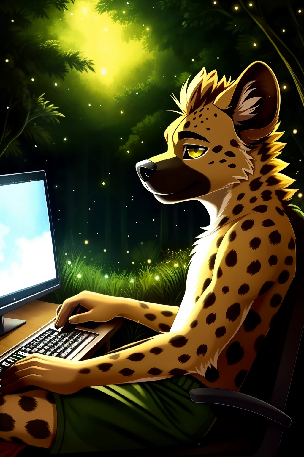 solo, male, (slim), (male lynx):1.3, (laying on back):1.3, (kemono:1.4)
(typing on computer) (black thong, red pattern:1.2),
detailed eyes, lynx tail, ((body portrait)), 
, (detailed eyes, green eyes, glowing eyes):1.1,
(outdoors:1.35), computer,  forest, candle, night, (particles ,firefly, blue glowing):1.3, 
detailed background, photo-realistic, realistic hands, 8k HD,
(dark shadows, wide dynamic range, hdr, low light:1.2),
by (by Pino Daeni, (by ruaidri), (by virtyalfobo), (by Kenket).