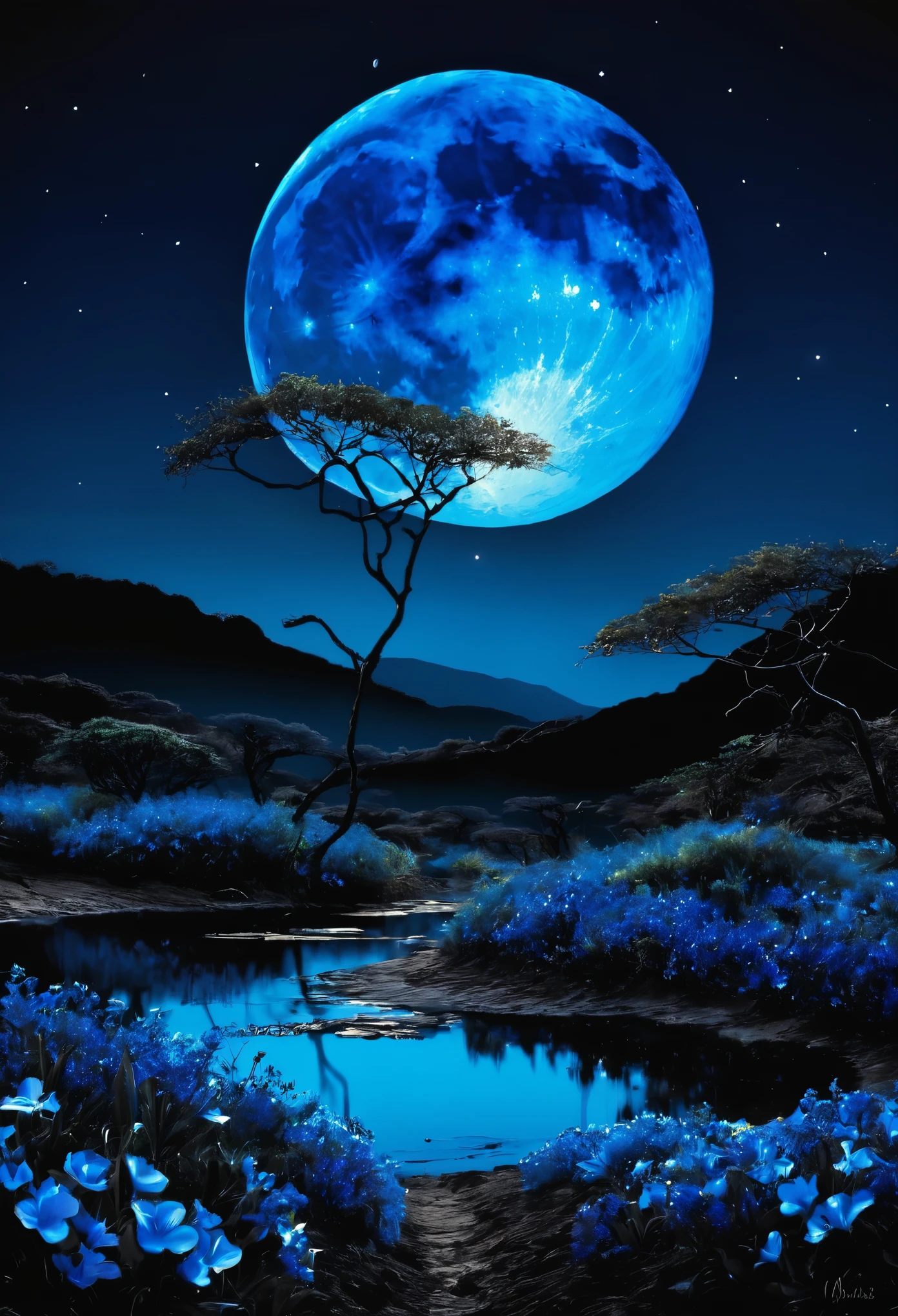 Paisaje Noche luna grande flores negras ongos azul