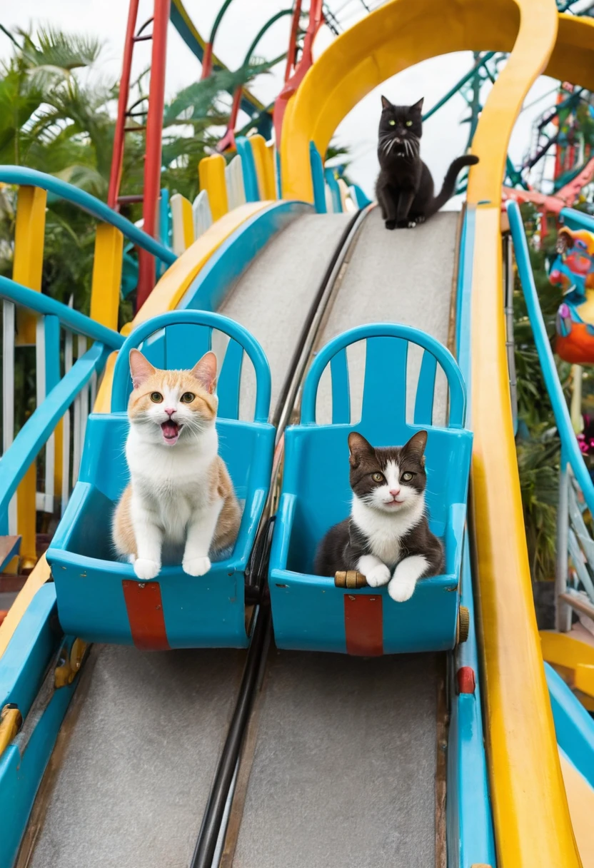 Two cats ride on attractions, cats in an amusement park, cats on a roller coaster,