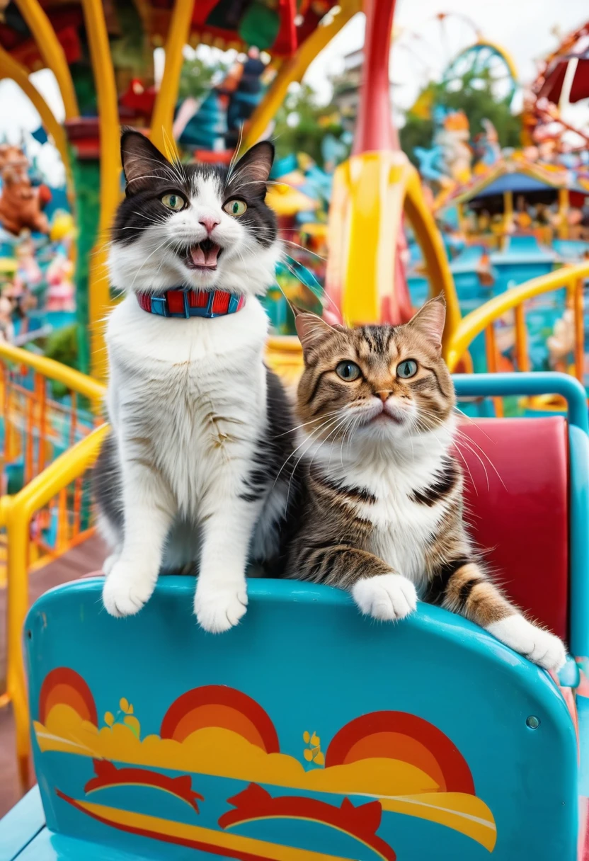 Two cats ride on attractions, cats in an amusement park, cats on a roller coaster,