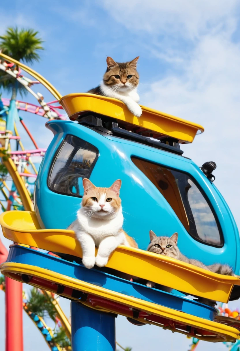 Two cats ride on attractions, cats in an amusement park, cats on a roller coaster,