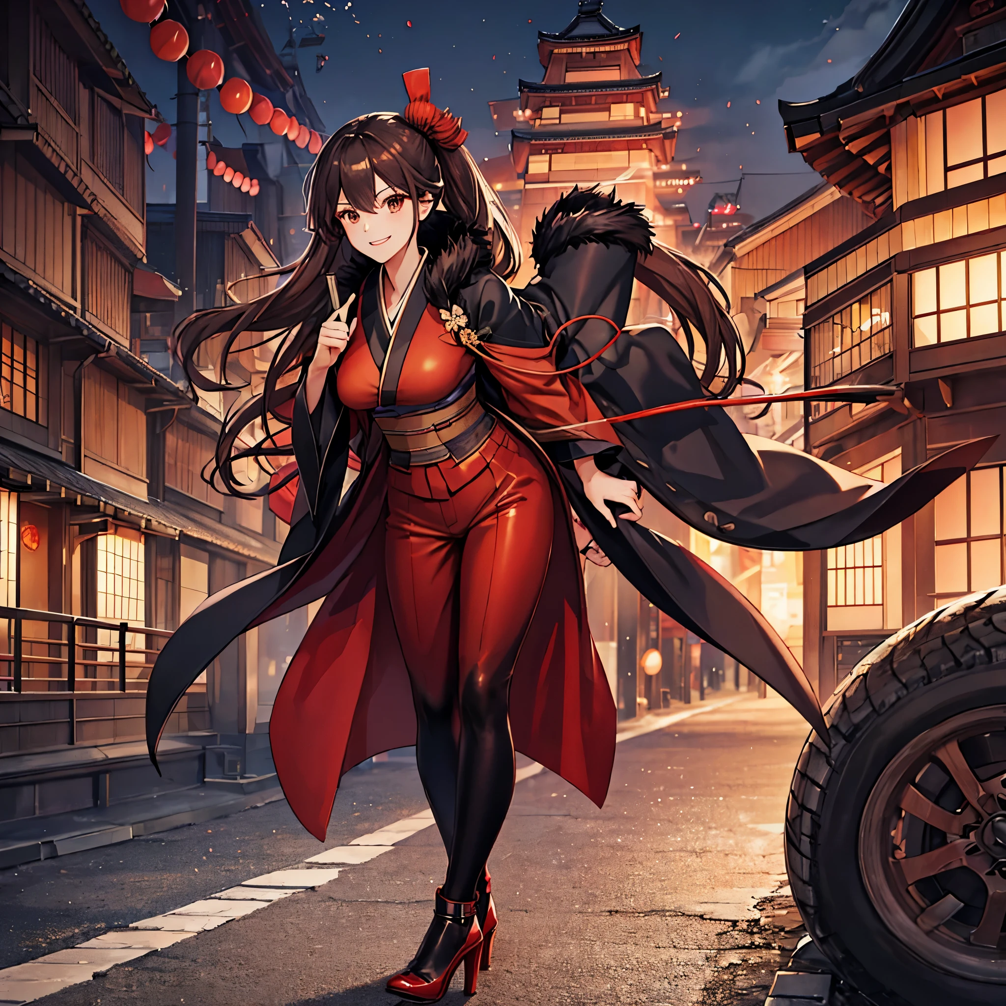 A woman wearing a long black fur coat, red shirt with Japanese letters, tight black pants, women's heels, in a Japanese city at the time of cold winter, long brown hair, brown eyes, smiling, Japanese houses in the background,HDR, ultra resolution, well defined, masterpiece, 8K HD. (solo woman)