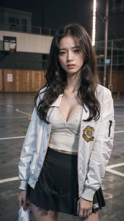(night:1.6)、Inspired by the 007 movie、Tense atmosphere、(original photography、8K、Masterpiece、high resolution、very complicated)、(top quality)、(Reality的:1.4)、(Full body female love:1.6)、movie lighting 、winter、cold、exquisite girl、 Exquisite facial features、1 beautiful woman、20 years old、tall and sexy、((Woman in basketball court))、Long wavy hair、(wet hair:1.6)、(Very detailed)、single focus、((Perfect body))、(Women's school uniform jacket、short skirt:1.2)、(intricate clothing、stripe、pattern、flowers、hollow)、(small 、cleavage)、(slender legs:1.5)、(Reality)