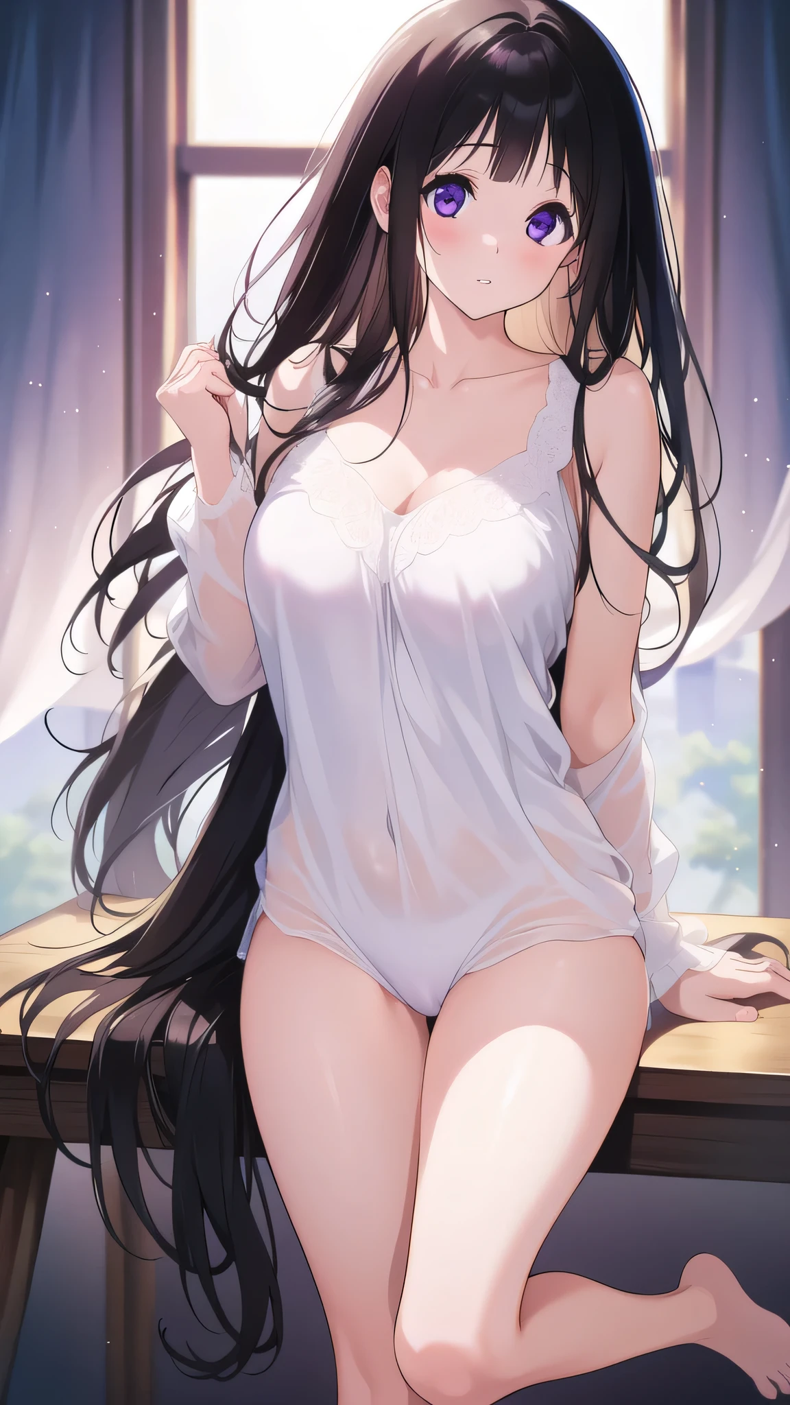 Stunning Chitanda, There is only one beautiful girl,purple eyes, black hair, Naturally straight hair, straight bangs,extremely refined,lips open,flowing long hair,Peerless beautiful girl, dreamlike,Slim,soft, (Sensual), (kawaii), Dream quality,White loose pajamas,no underwear,In classrooms,big breasts,bare shoulders,Clavicle exposed,bare neck,Bare thighs,Exposing the groin,camel toe,bare legs,barefoot,extremely shy,ultra high resolution, (masterpiece:1.2, best quality), (Exquisite and beautiful eyes: 1.2), (Beautiful and delicate face)