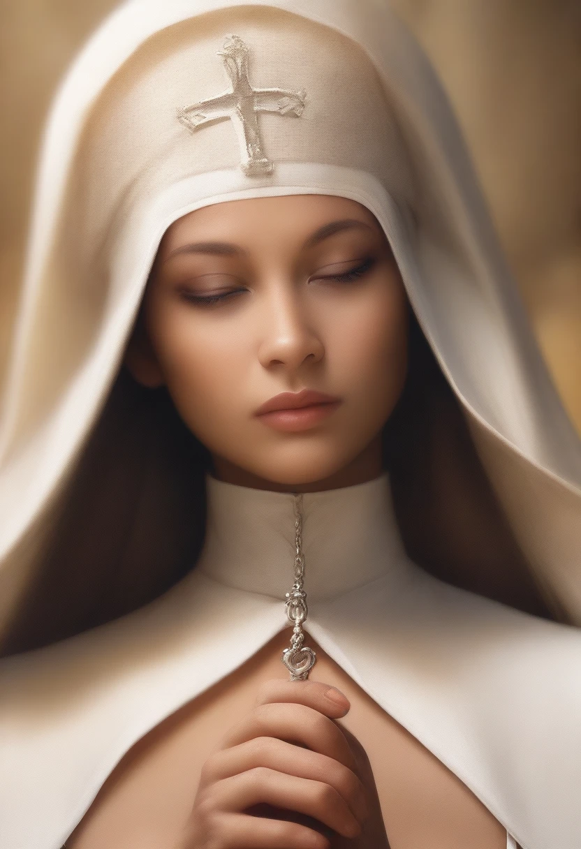 (Masterpiece, Young Nun), (High Quality, Spiritual Figure), (Female Character, Religious Icon), (Detailed Attire, Habit), (Nun's Veil, Covered Head), (Bare Neckline, Modest Plunge), (Natural Complexion, Radiant Skin), (Soft Lighting, Holy Sanctuary), (Realistic Texture, Fabric Wrinkles), (Deep Focus, Close-up Portrait), (Young Face, Innocent Expression), (Hands, Holding Rosary Beads), (Gazing into the Distance, Contemplating), (Serene Environment, Monastery), fully clothed, covered breasts, covered areola, covered nipples, full body shot