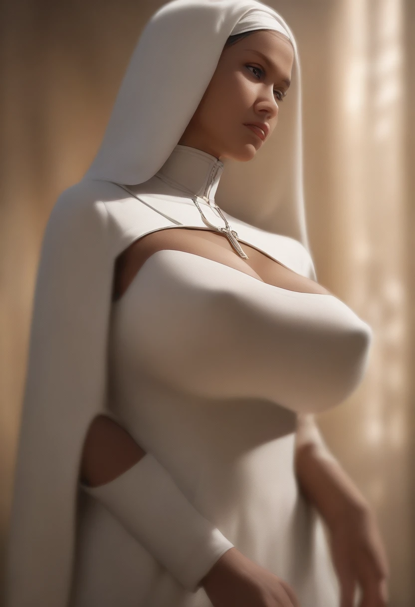 (Masterpiece, Young Nun), (High Quality, Spiritual Figure), (Female Character, Religious Icon), (Detailed Attire, Habit), (Nun's Veil, Covered Head), (Bare Neckline, Modest Plunge), (Natural Complexion, Radiant Skin), (Soft Lighting, Holy Sanctuary), (Realistic Texture, Fabric Wrinkles), (Deep Focus, Close-up Portrait), (Young Face, Innocent Expression), (Hands, Holding Rosary Beads), (Gazing into the Distance, Contemplating), (Serene Environment, Monastery), fully clothed, covered breasts, covered areola, covered nipples, full body shot