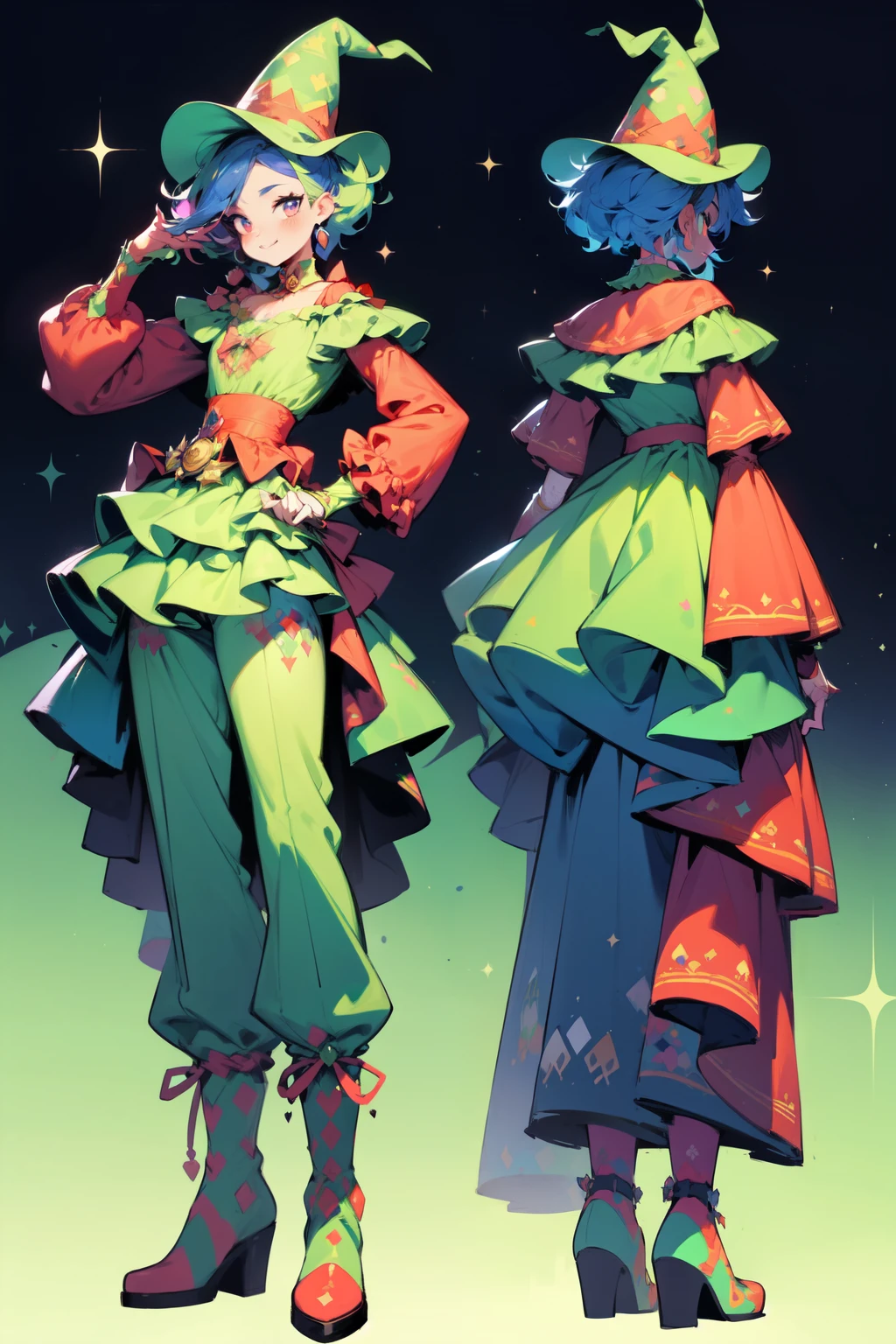 Amidst the enchanting night, a mysterious figure dons a vibrant green jester outfit. The hat perched atop his head boasts five striking points, adding to the allure of the clown-like entity. His face is intricately painted, boasting an exaggerated smile that exudes charm and mischief. Red boots completed the whimsical ensemble, as the clown stood quietly, ready to entertain. The serene night contrasted with the whimsical character, creating an intriguing scene.