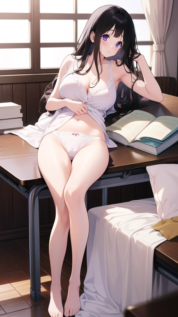 Stunning Chitanda, There is only one beautiful girl,purple eyes, black hair, Naturally straight hair, straight bangs,extremely refined,lips open,flowing long hair,Peerless beautiful girl, dreamlike,Slim,soft, (Sensual), (kawaii), Dream quality,White loose pajamas,no underwear,Lying on the table in the classroom,big breasts,bare shoulders,Clavicle exposed,bare neck,Bare thighs,Exposing the groin,camel toe,bare legs,barefoot,extremely shy,ultra high resolution, (masterpiece:1.2, best quality), (Exquisite and beautiful eyes: 1.2), (Beautiful and delicate face)