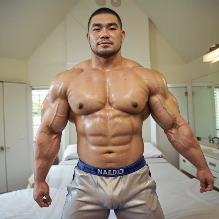 (looking at each other:1.4), (naked:1.4), (sexy look:1.2), (hugging each other:1.2), (sports wear:1.2), (at bed room:1.2), Japanese man, manly face, (round face:1.2), (monolid eyes:1.2), (crew cut:1.2), very large and strong body, bulky body, beefy muscles, (bulging muscles:1.2), (very large pectoral muscles:1.2), (muscular arms:1.2), muscular abs, muscular legs, muscular back, bright oily skin, (realistic:1.2), distant view