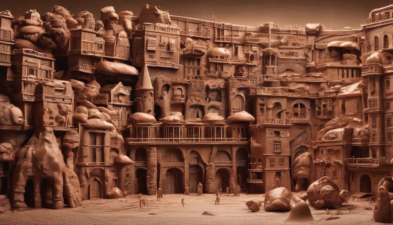 Formed by a giant chocolate,wonderful,majestic,There's an artificial chocolate town on the island,Island ruins,Chocolate Background,A city hidden in chocolate