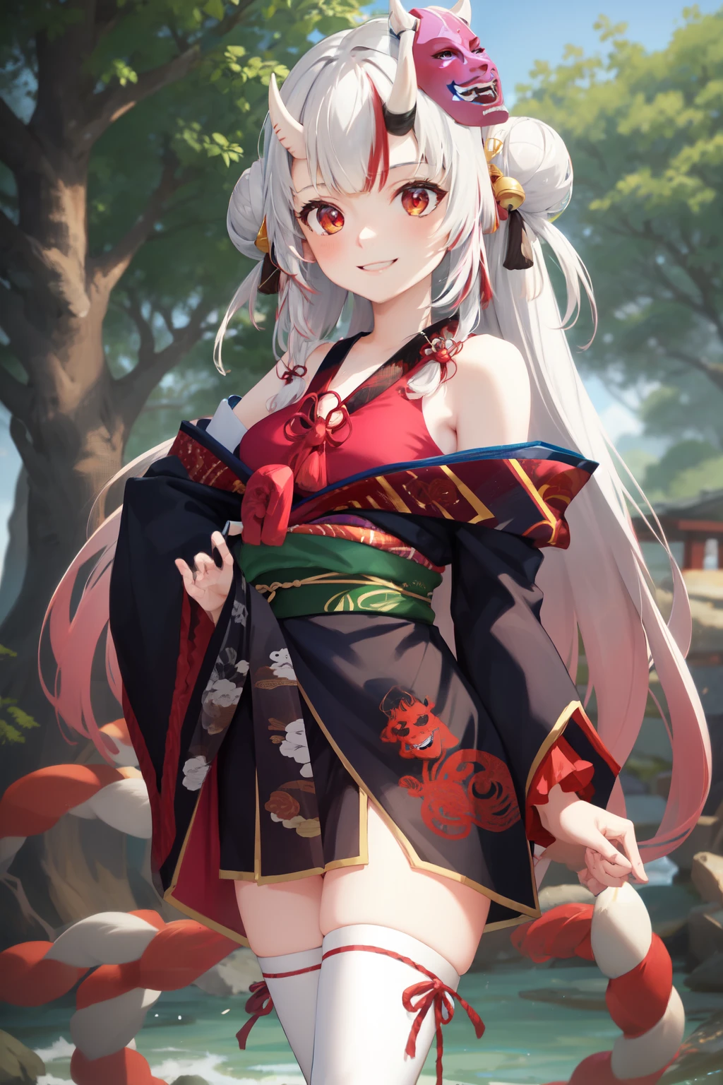 masterpiece, best quality, absurdres, perfect anatomy, 1girl, solo, Nakiri Ayame, long hair, double bun, AyameBase, black kimono, hair bell, obi, white thighhighs, bare shoulders, long sleeves, oni mask, mask on head, outdoors, standing, sakura tree, arms behind back, smile