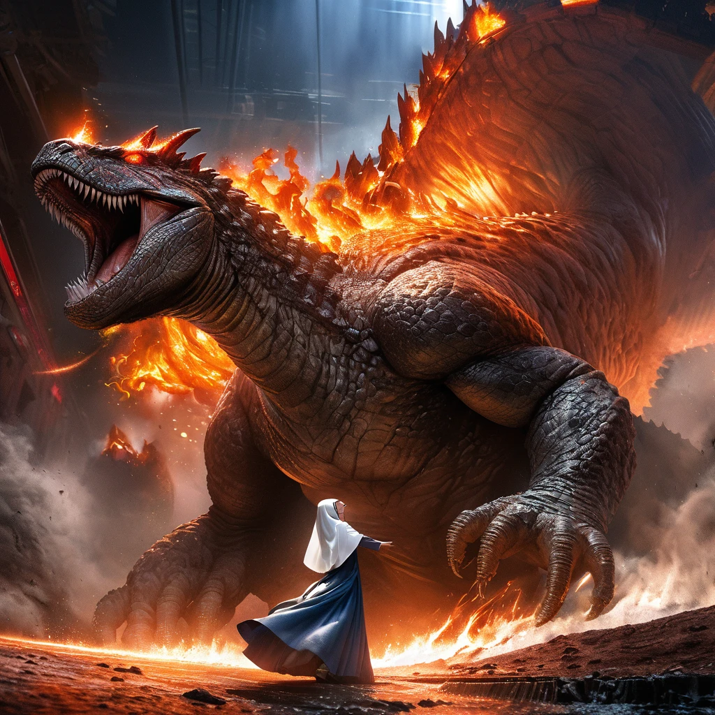 (ultra-detailed, highres, realistic:1.37), a young woman, Catholic nun, riding on Godzilla's head, cheering Godzilla as he battles an alien robot, outside of Tokyo, in a vividly colored scene. The woman has beautiful detailed eyes and lips, wearing a traditional nun's habit with delicate folds and textures. Her face is filled with excitement and admiration as she interacts with Godzilla. Godzilla is depicted with extreme detail, showing his scales, sharp teeth, and expressive eyes. He is in the midst of an intense battle, with his powerful muscles and fiery breath. The alien robot is towering and menacing, with intricate metallic parts and glowing energy cores. The scene is illuminated by studio lighting, emphasizing the scale and intensity of the conflict. The artwork is created using a combination of digital painting and 3D rendering techniques, resulting in a visually striking combination of realism and artistic style. The overall color palette is vibrant and dynamic, with rich hues of blues, reds, and oranges. The lighting effects create dramatic shadows and highlights, adding depth and dimension to the scene.