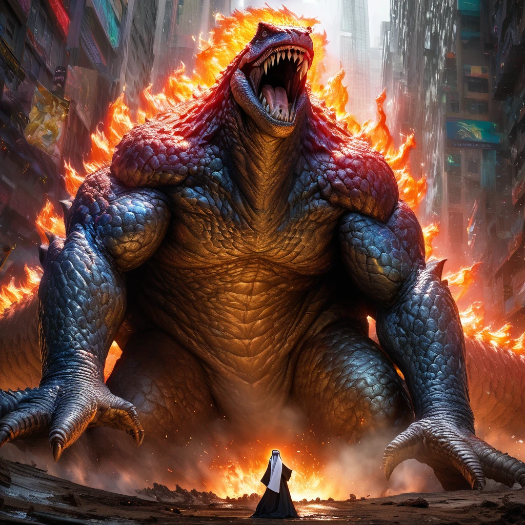 (ultra-detailed, highres, realistic:1.37), a young woman, Catholic nun, riding on Godzilla's head, cheering Godzilla as he battles an alien robot, outside of Tokyo, in a vividly colored scene. The woman has beautiful detailed eyes and lips, wearing a traditional nun's habit with delicate folds and textures. Her face is filled with excitement and admiration as she interacts with Godzilla. Godzilla is depicted with extreme detail, showing his scales, sharp teeth, and expressive eyes. He is in the midst of an intense battle, with his powerful muscles and fiery breath. The alien robot is towering and menacing, with intricate metallic parts and glowing energy cores. The scene is illuminated by studio lighting, emphasizing the scale and intensity of the conflict. The artwork is created using a combination of digital painting and 3D rendering techniques, resulting in a visually striking combination of realism and artistic style. The overall color palette is vibrant and dynamic, with rich hues of blues, reds, and oranges. The lighting effects create dramatic shadows and highlights, adding depth and dimension to the scene.
