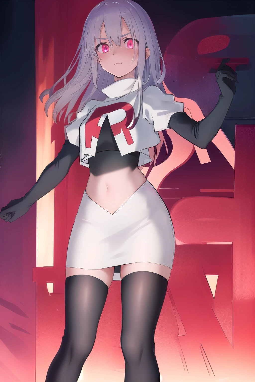 masterpiece, best quality, demon_kisara, glowing eyes, team rocket,team rocket uniform,white skirt,red letter R,crop top,black thigh-highs,black elbow gloves
