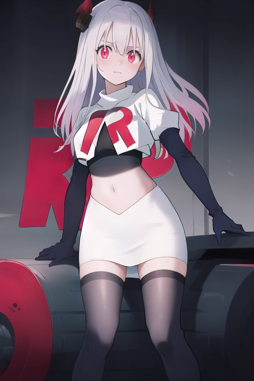 masterpiece, best quality, demon_kisara, glowing eyes, team rocket,team rocket uniform,white skirt,red letter R,crop top,black thigh-highs,black elbow gloves
