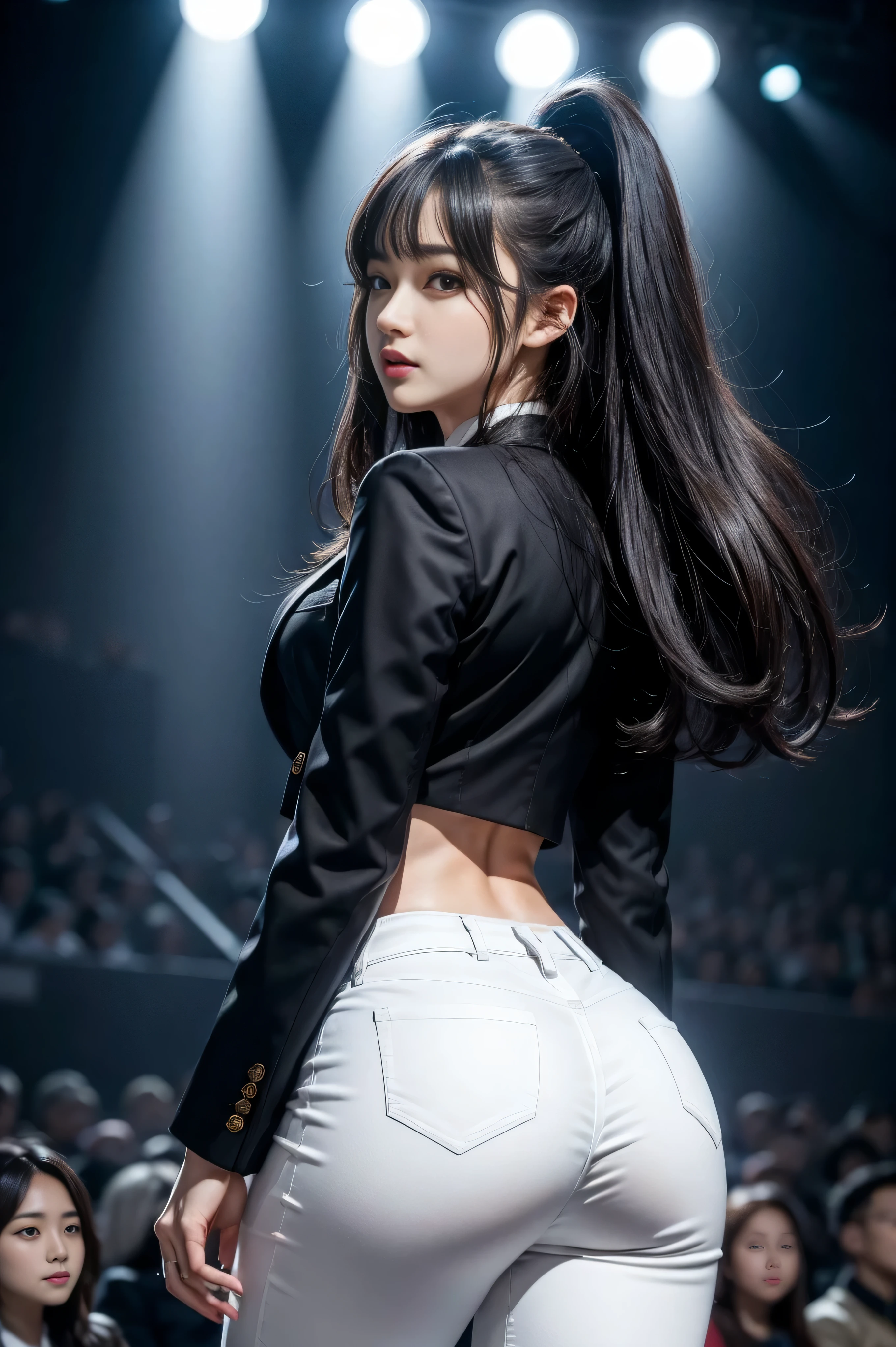 （8k，best quality，masterpiece，practical，super detailed：1.3），（1 girl，beautiful korean girl, kpop idol），（black suit jacket：1.2），（White skinny trousers：1.1），（serious expression：1.2）discuss，（speech，handheld microphone：1.2）（crowd，audience：1.3），Sexy long legs， （thigh gap：1.5），wide hips，S-shaped body， Buttocks raised，，black hair，（ass focus：1.1）shot from behind