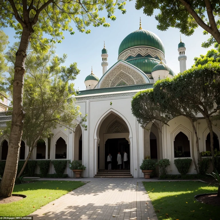 cars parked in front of a large white building with a green dome, mosque, minarets, viewed from afar, with beautiful mosques, side view from afar, a middle-shot from front, viewed from a distance, front view, seen from afar, taken in the mid 2000s, seen from outside