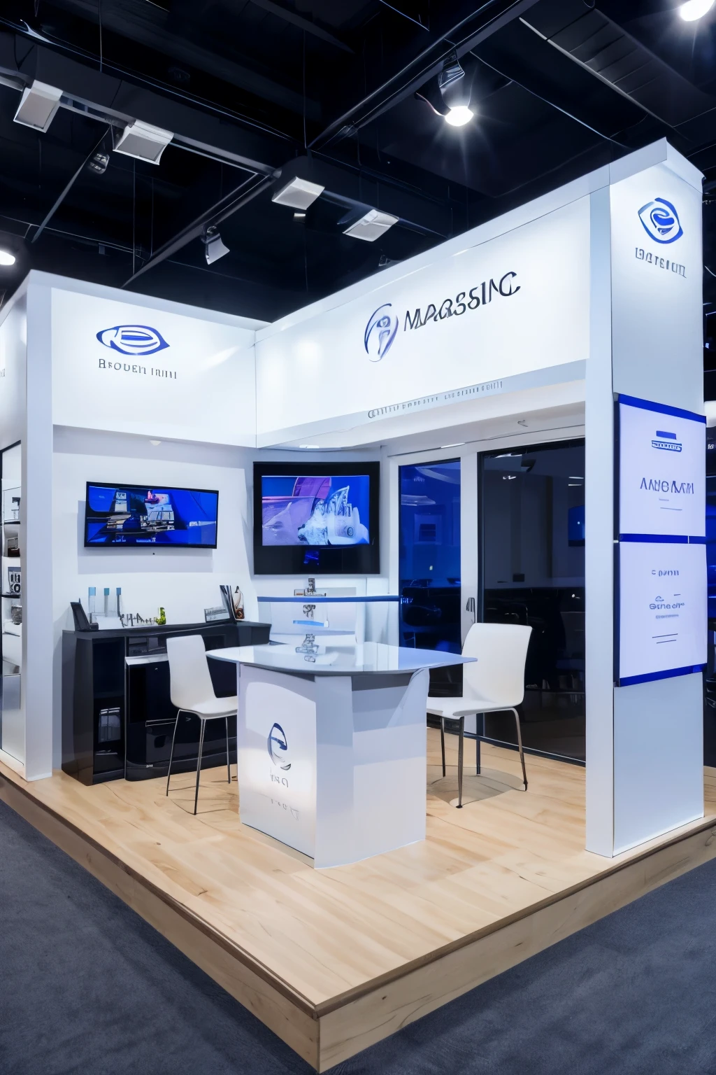 ((Best quality, 8k, Masterpiece :1.3)), 36㎡ booth design with a simple yet elegant style, predominantly white with touches of purple: 1.2. The booth showcases the latest advancements in the medical equipment industry, with various equipment exhibits on display. The design is meticulously crafted to create a visually stunning and immersive experience.