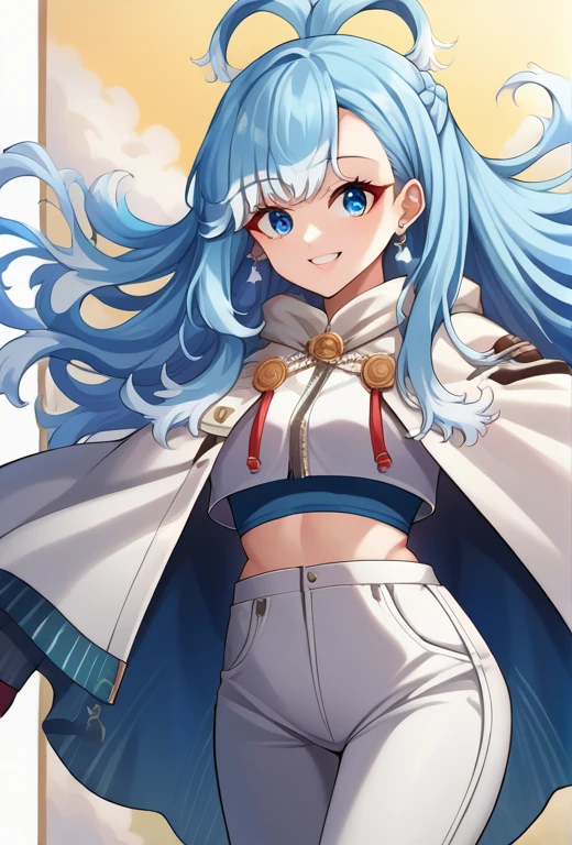 check_9, check_8_up, source_anime, 1 girl, One, KoboBaza, Blue eyes, long hair, blue hair, colored tips, White hair, earrings, White jacket, cloak, look through, cropped sweatshirt, Lace, White pants, smile, on open air,