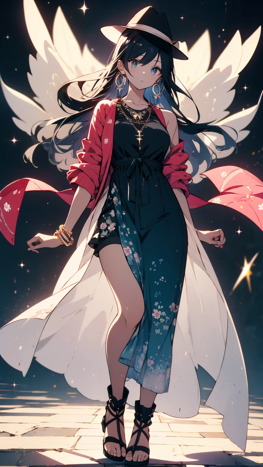 (highest quality、masterpiece、High resolution、be familiar with)、(shining eyes、be familiar with美しい顔)、1girl,
BREAK
//Fashions
Celestial Blossom Urban Boho,
This costume blends the ethereal beauty of flower cosmos with the free-spirited vibes of urban bohemian fashion, Start with a flowy maxi dress in a celestial-inspired print, featuring cosmic florals in vibrant hues against a dark background, Layer the dress with a cozy knit cardigan or a denim jacket for added warmth and texture,
BREAK
Accessorize with eclectic jewelry such as layered necklaces, beaded bracelets, and oversized hoop earrings, adding a touch of bohemian charm to the ensemble, Complete the look with ankle boots or strappy sandals and a floppy hat adorned with celestial accents, Let your hair flow naturally or style it in loose waves, and opt for soft, earthy makeup with a hint of shimmer to capture the essence of celestial blossoms in modern street fashion,
BREAK(beautiful anime)